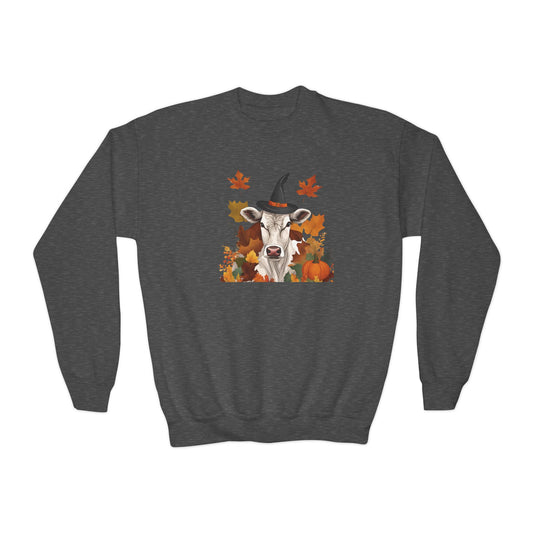 Fall Witch Cow Youth Crewneck Sweatshirt